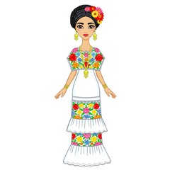 Animation Mexican girl in a festive dress. Isolated on a white background.