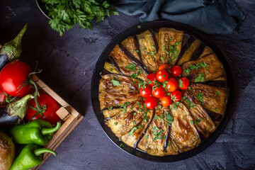 Traditional delicious Turkish food, meat eggplant dish (Turkish name; patlican kapama)