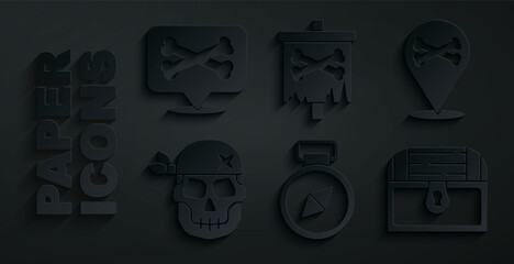 Set Compass, Location pirate, Skull, Antique treasure chest, Pirate flag and icon. Vector