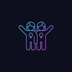 Female friendship gradient vector icon for dark theme. Sisterhood. Girl power. Like-minded women. Supporting each other. Thin line color symbol. Modern style pictogram. Vector isolated outline drawing