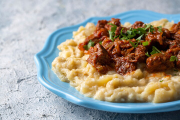 Turkish Food Hunkar Begendi made with Eggplant and Meat.