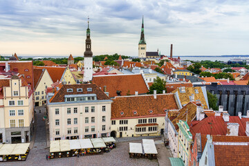 Naklejka na ściany i meble Tallinn's main square, aerial view from the city hall tower. Estonia.