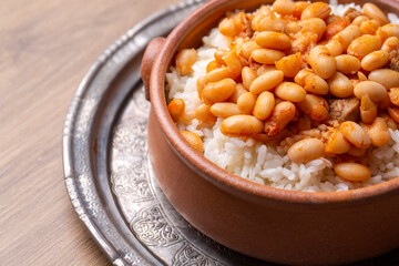 Traditional Turkish cuisine. Kuru Fasulye . Haricot Beans, rice and beans (Turkish name; pilav ustu kuru fasulye)