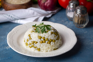 Traditional delicious Turkish foods; pea rice (Turkish name; Bezelyeli pilav)