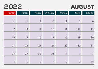 August 2022. Calendar planner design template. Week starts on Sunday.