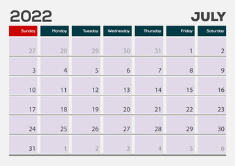 July 2022. Calendar planner design template. Week starts on Sunday.	