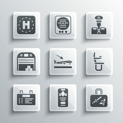 Set Mobile with ticket, Suitcase, Airplane seat, Plane landing, Airport board, Aircraft hangar, Helicopter pad and Pilot icon. Vector