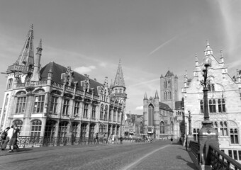 Fototapeta na wymiar Monochrome Image of St Michael’s Bridge in the Heart of Historic Center of Ghent, Belgium
