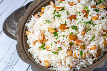 Traditional delicious Turkish food; Almond rice pilaf (Turkish name; Bademli pirinc pilavi)