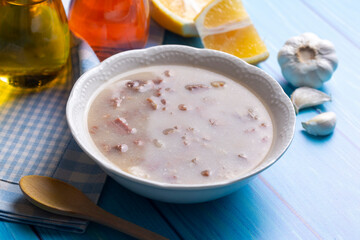 Traditional delicious Turkish food, Turkish traditional tripe soup; iskembe corbasi and offal soup, Turkish Meat Soup Kelle Paca (Turkish name; Kelle paca corbasi)