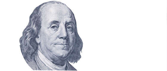 Benjamin Franklin face on one hundred US Dollar bill. United states money. Copy space.
