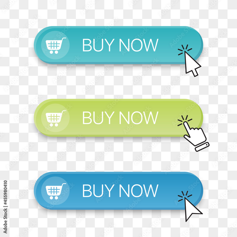 Poster buy now button icon collection with different clicking hand cursor