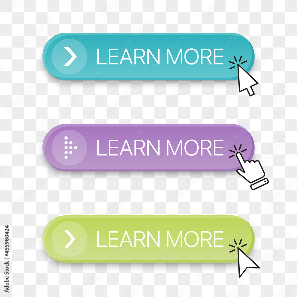Poster Learn more button icon collection with different clicking hand cursor
