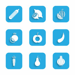 Set Peach fruit, Pear, Onion, Eggplant, Carrot, Tomato, Watermelon and Fresh cucumber icon. Vector