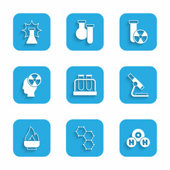 Set Test tube and flask, Chemical formula, H2O, Microscope, Alcohol spirit burner, Head radiation symbol, and explosion icon. Vector