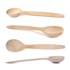 Wooden spoons on white background, collage. Cooking utensil