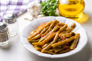 Traditional delicious Turkish food; Green beans with olive oil; Turkish name; Zeytinyagli taze fasulye