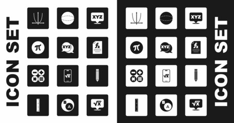 Set XYZ Coordinate system, Pi symbol, Graph, schedule, chart, diagram, Function mathematical, Geometric figure Sphere, Pencil and Calculator icon. Vector