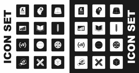 Set Geometric figure, Open book, Laptop with graph chart, Function mathematical symbol, Pencil, XYZ Coordinate system and Square root of x glyph icon. Vector