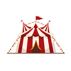 Circus tent with a red flag on the roof isolated on white background. Tent circus cartoon style. Vector stock