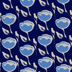 Vector floral seamless pattern with blue  abstract flowers of Camellia in Japanese style.