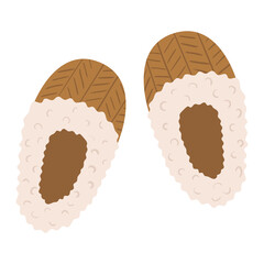 A pair of woolen slippers with decorative sheep fur in flat style. Cozy home footwear. Winter hygge accessory vector illustration. Hand drawn warm shoes