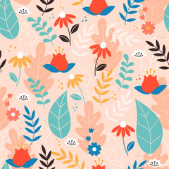 Modern floral seamless pattern on pink background. Vector illustration.