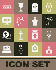 Set Church building, Lily flower, Flower, Tombstone with RIP written, Tear cry eye, Speech bubble rip death, Coffin cross and Funeral urn icon. Vector
