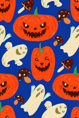 Halloween seamless pattern with pumpkins, ghost and mushrooms.