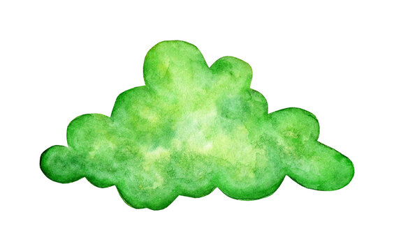 Watercolor painting green cloud doodle. Fantasy land, fabulous weather, a magical world. Children's print for design. Lush, cluby cloud. Isolated on white background. Drawn by hand.