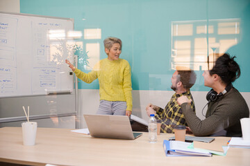 Woman standing at whiteboard, leading conference room meeting