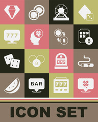 Set Casino slot machine with clover, Cigar, Lottery ball on bingo card, Slot jackpot, Diamond and chips exchange money icon. Vector