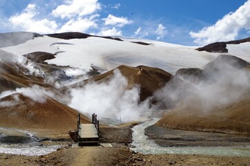 White snow-capped mountains at Kerlingarfjöll, Iceland. Stream and fumaroles in the foreground, with  red and brown rock. A small bridge crosses the river for the hiking trail.