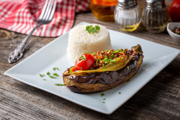 Traditional delicious Turkish food; Meat and Eggplant dish, (Turkish name; Karniyarik)