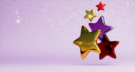 3d render of colorful star balloons flying on lilac background