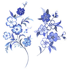 Monochrome Indigo Cobalt Blue watercolor flowers isolated on a white background. Decorative border of a bouquet of flowers. Perfect for stationery, gift, fabric, home decor, wall art and more!