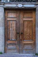 historical and antique mansion door, old wooden floor