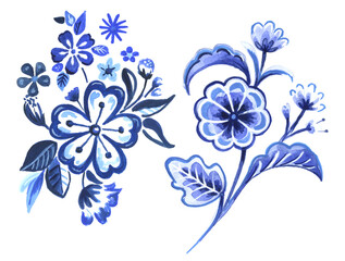Monochrome Indigo Cobalt Blue watercolor flowers isolated on a white background. Decorative border of a bouquet of flowers. Perfect for stationery, gift, fabric, home decor, wall art and more!