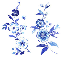 Fototapeta na wymiar Monochrome Indigo Cobalt Blue watercolor flowers isolated on a white background. Decorative border of a bouquet of flowers. Perfect for stationery, gift, fabric, home decor, wall art and more!