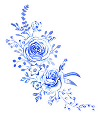 Monochrome Indigo Cobalt Blue watercolor flowers isolated on a white background. Decorative border of a bouquet of flowers. Perfect for stationery, gift, fabric, home decor, wall art and more!