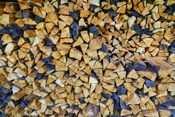 Pile of cut and stacked firewood in various colors. Background.