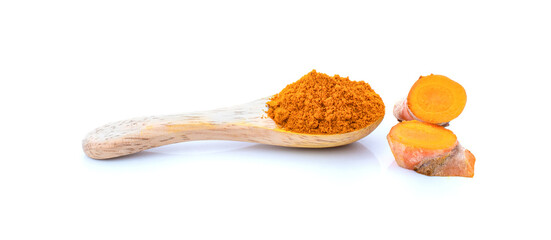 Turmeric rhizome and powder on white background