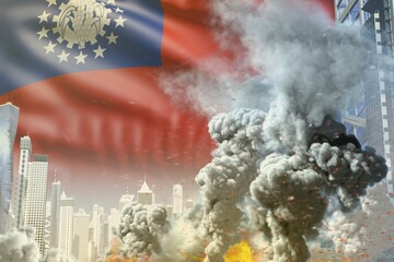 big smoke pillar with fire in the modern city - concept of industrial disaster or act of terror on Myanmar flag background, industrial 3D illustration