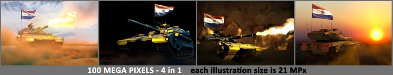 Obraz na płótnie Canvas Paraguay army concept - 4 high resolution images of tank with not existing design with Paraguay flag and free place for your text, military 3D Illustration