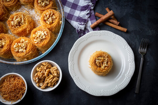Traditional delicious Turkish food; walnut kadayif, Turkish name; kase kadayif