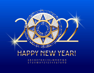 Vector rich Greeting Card Happy New Year 2022 with Brilliant Decoration. Gold elegant Alphabet Letters and Numbers. Shiny premium Font