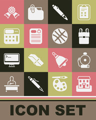 Set School building, Ringing alarm bell, backpack, Marker pen, Dossier folder, Calculator, Medal and Basketball ball icon. Vector