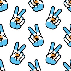 Fototapeta premium Argentina flag in the form of a peace sign. Seamless background. Gesture V victory sign, patriotic sign, icon for apps, websites, T-shirts, souvenirs, etc., isolated on white background