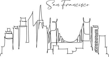 Naklejka premium Minimal San Francisco City Linear Skyline with Typographic Design. San Francisco skyline, USA. Line art style illustration