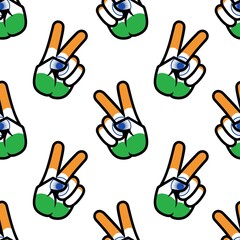 Fototapeta premium India flag in the form of a peace sign. Seamless background. Gesture V victory sign, patriotic sign, icon for apps, websites, T-shirts, souvenirs, etc., isolated on white background